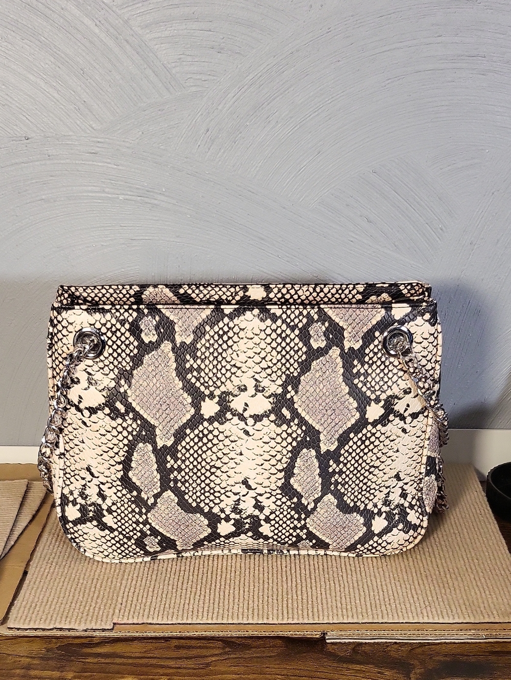 INC Purse Shoulder Bag Tan Vegan Snake Faux Reptile Large Chain Zippered Satchel